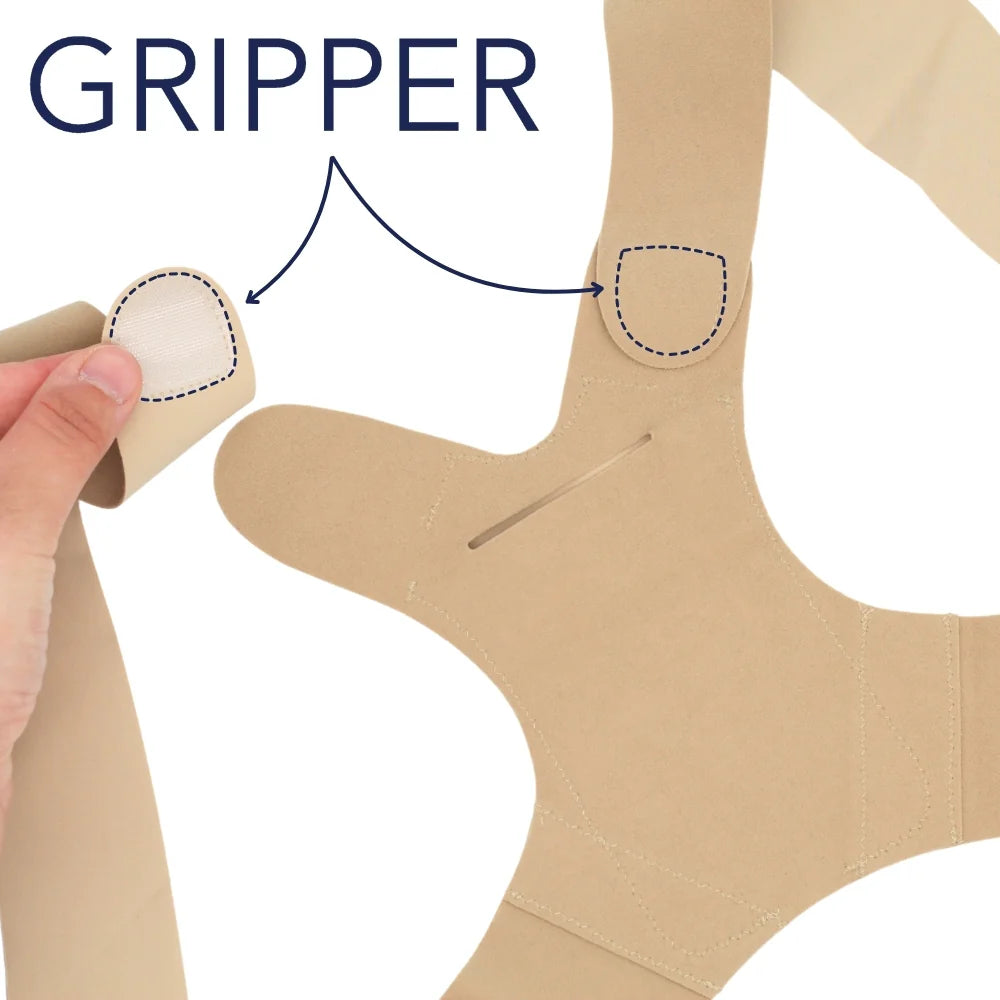 Beige back strap close-up with gripper patch and dotted stitch edges
