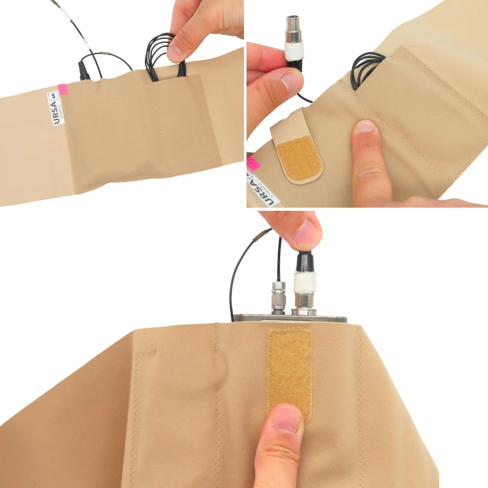 Beige single pouch with front pouch flap while plugging cables through the top.