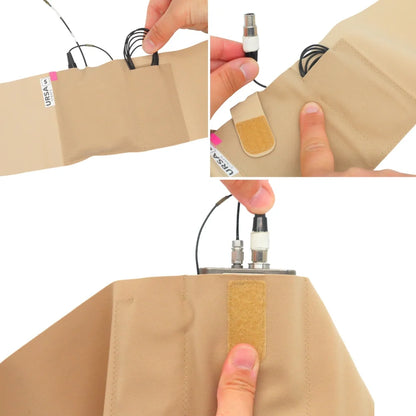 Beige single pouch with front pouch flap while plugging cables through the top.
