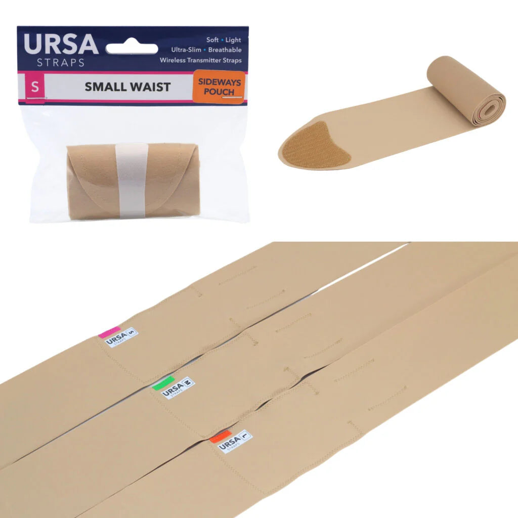 Beige waist strap with side pouch, strap laid out and rolled for storage