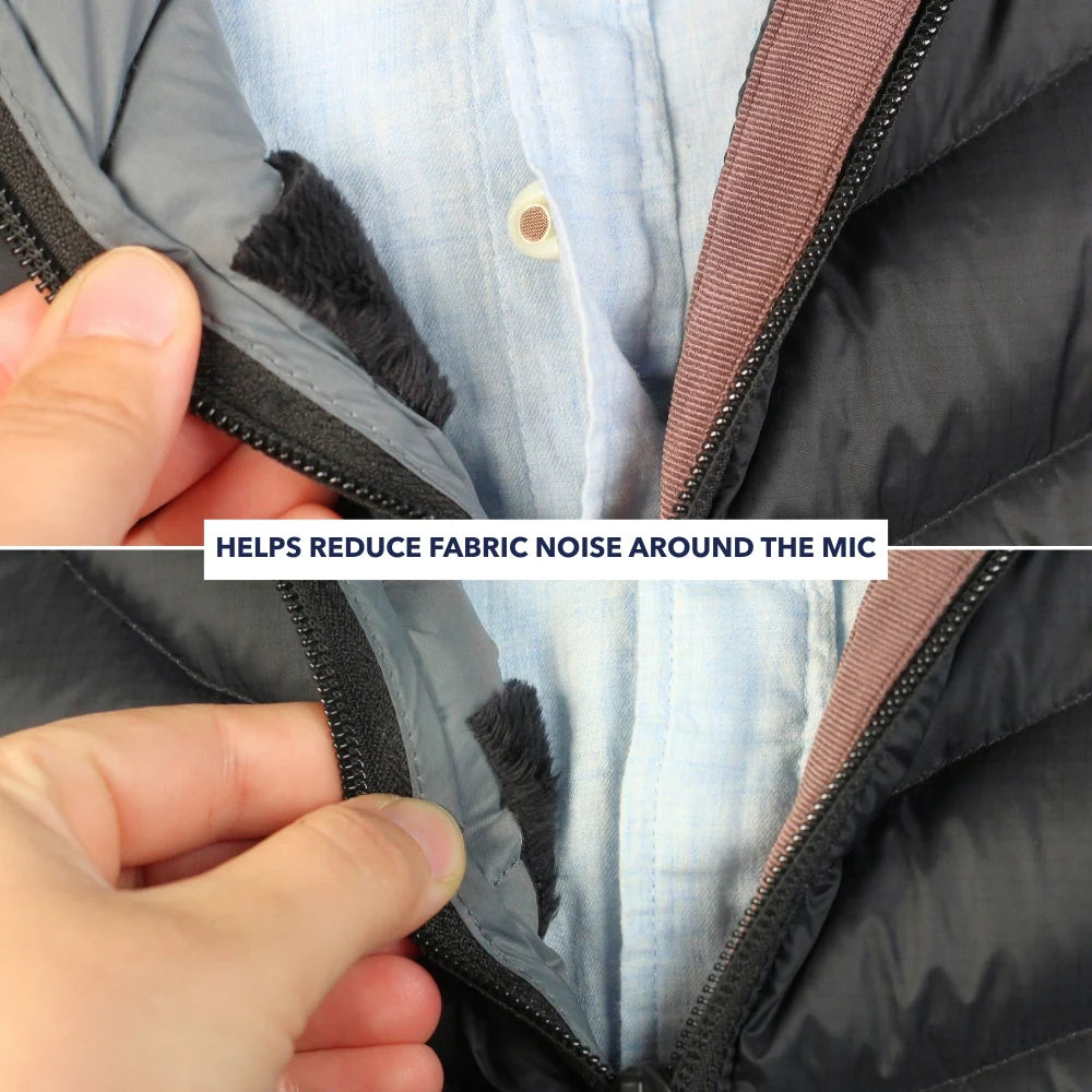Black plush tangle strip attached along a jacket zipper edge