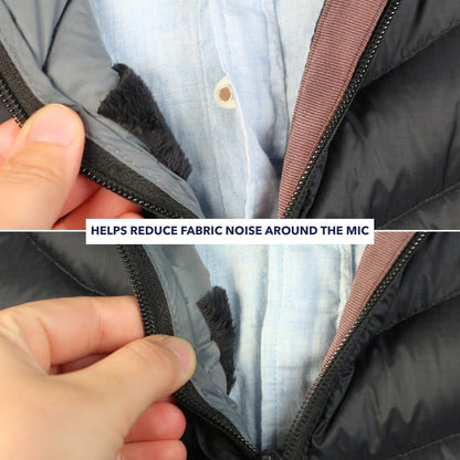 Black plush tangle strip attached along a jacket zipper edge