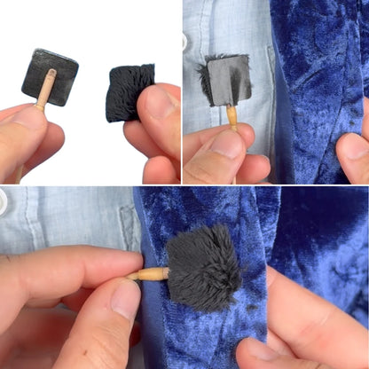Black plush tangle tabs being attached to fabric using a small tool