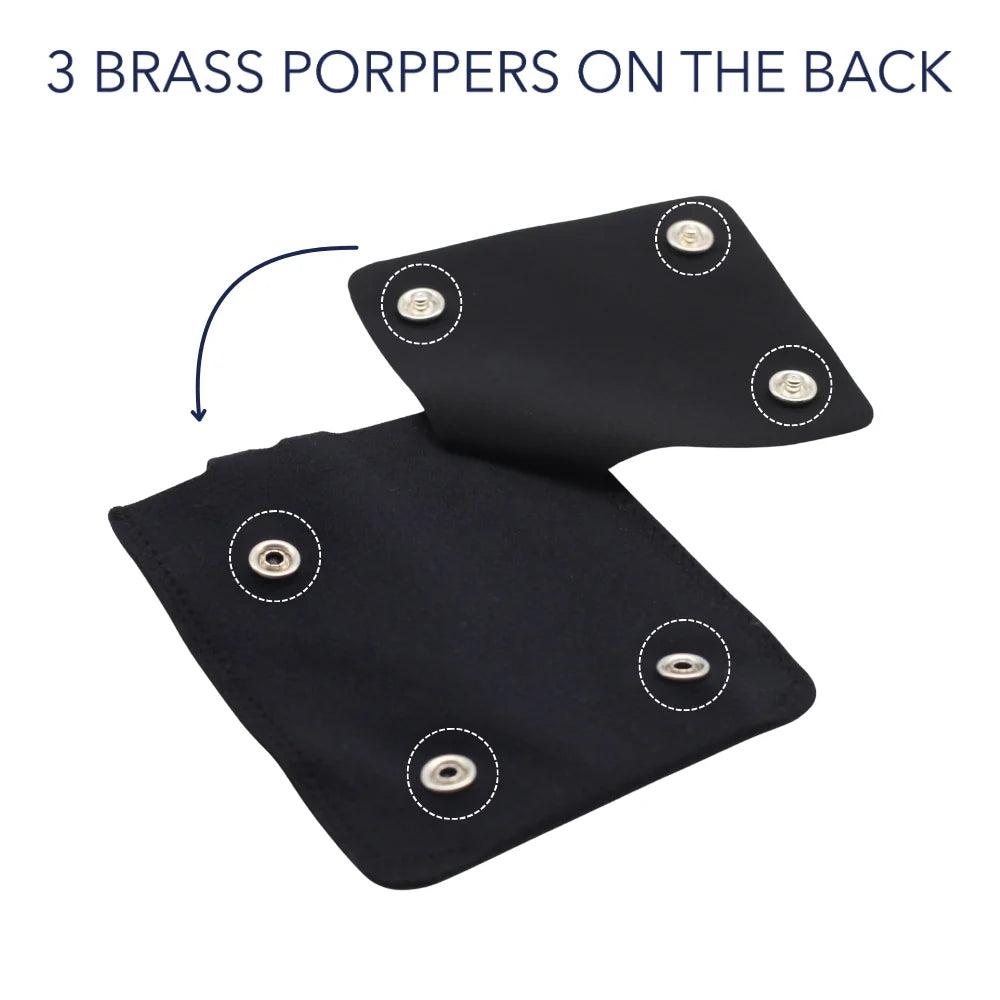 Black pouch back view with three brass poppers for attachment
