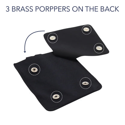 Black pouch back view with three brass poppers for attachment