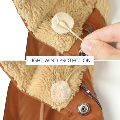 Beige plush circle short-fur wind protector attached to a brown jacket cuff