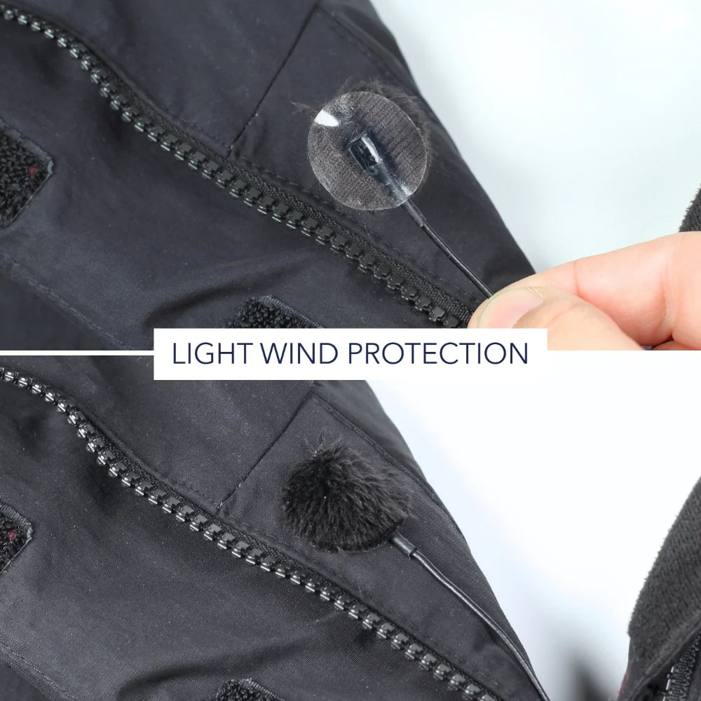 Black plush circle short-fur wind protector attached to a jacket seam