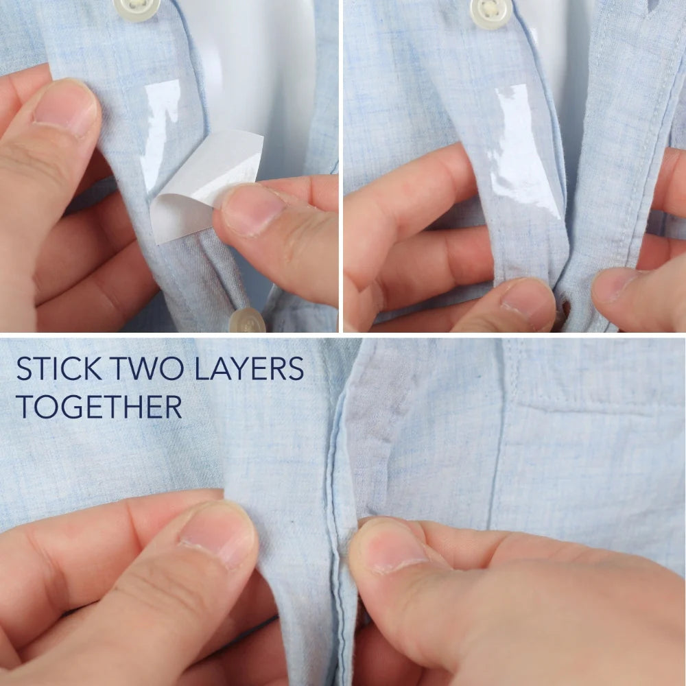 Self-adhesive tape strip pressing two layers together on light blue fabric
