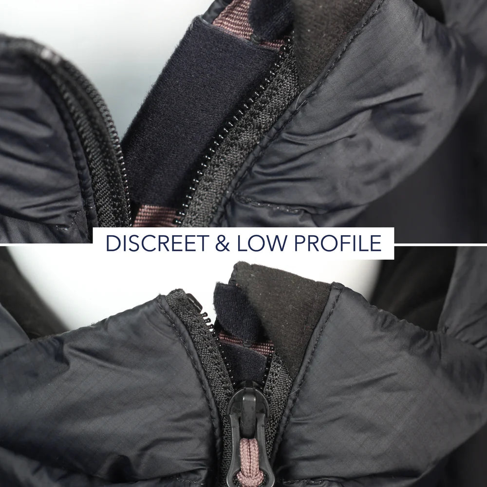 Black URSA tape strip applied discreetly along a jacket zipper edge