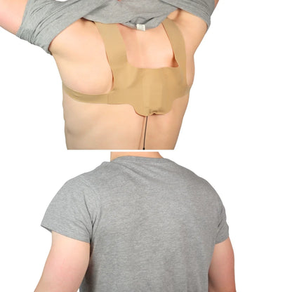 Beige strap pouch worn under gray shirt; back view with cord closure