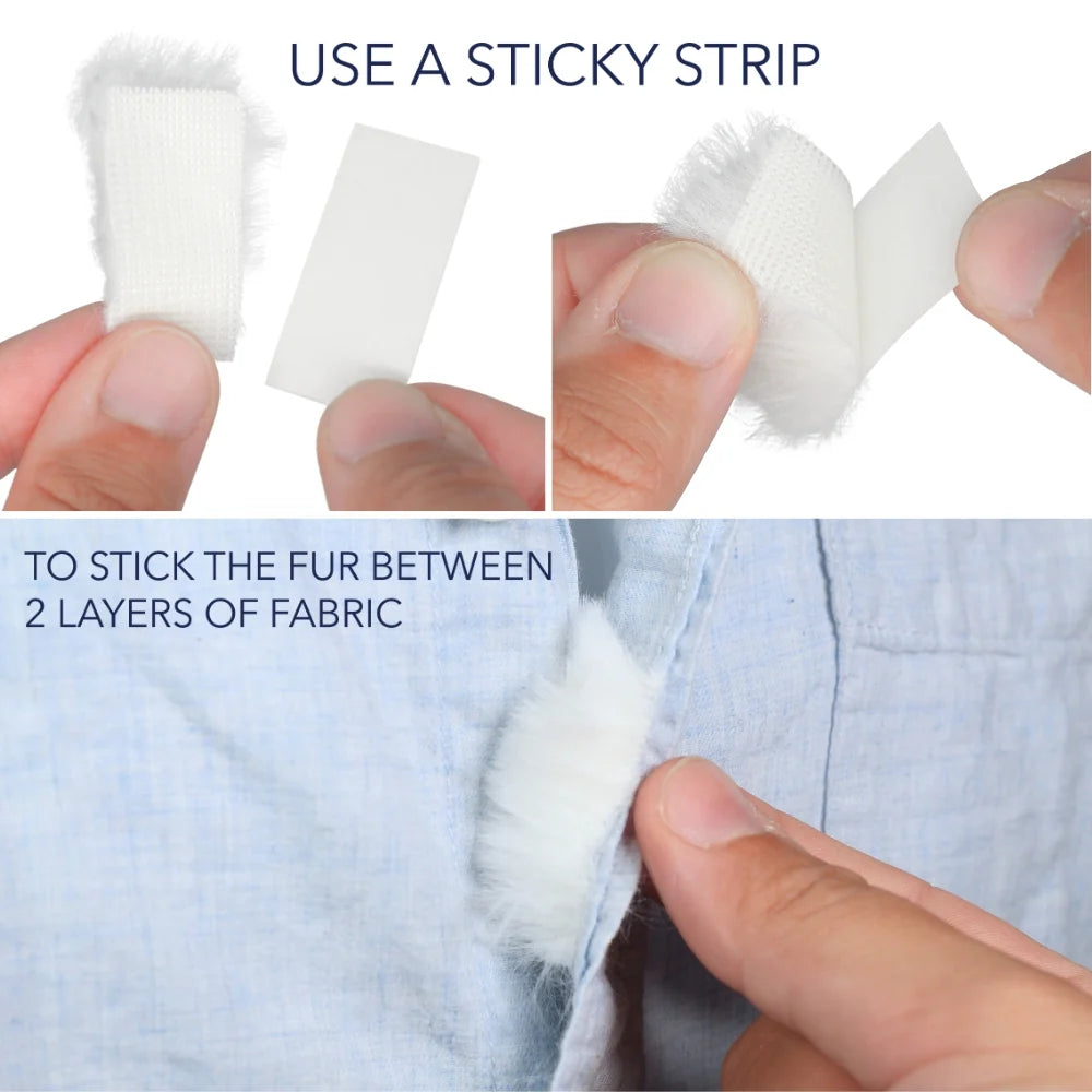 White fur tangle strip with adhesive backing, held between fingers