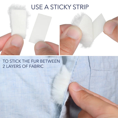 White fur tangle strip with adhesive backing, held between fingers