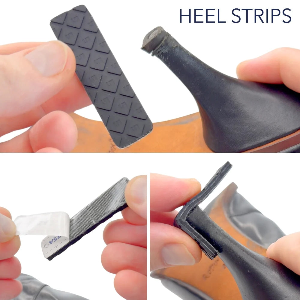 Shoe heel strip pieces, dark gray textured pads with adhesive edge