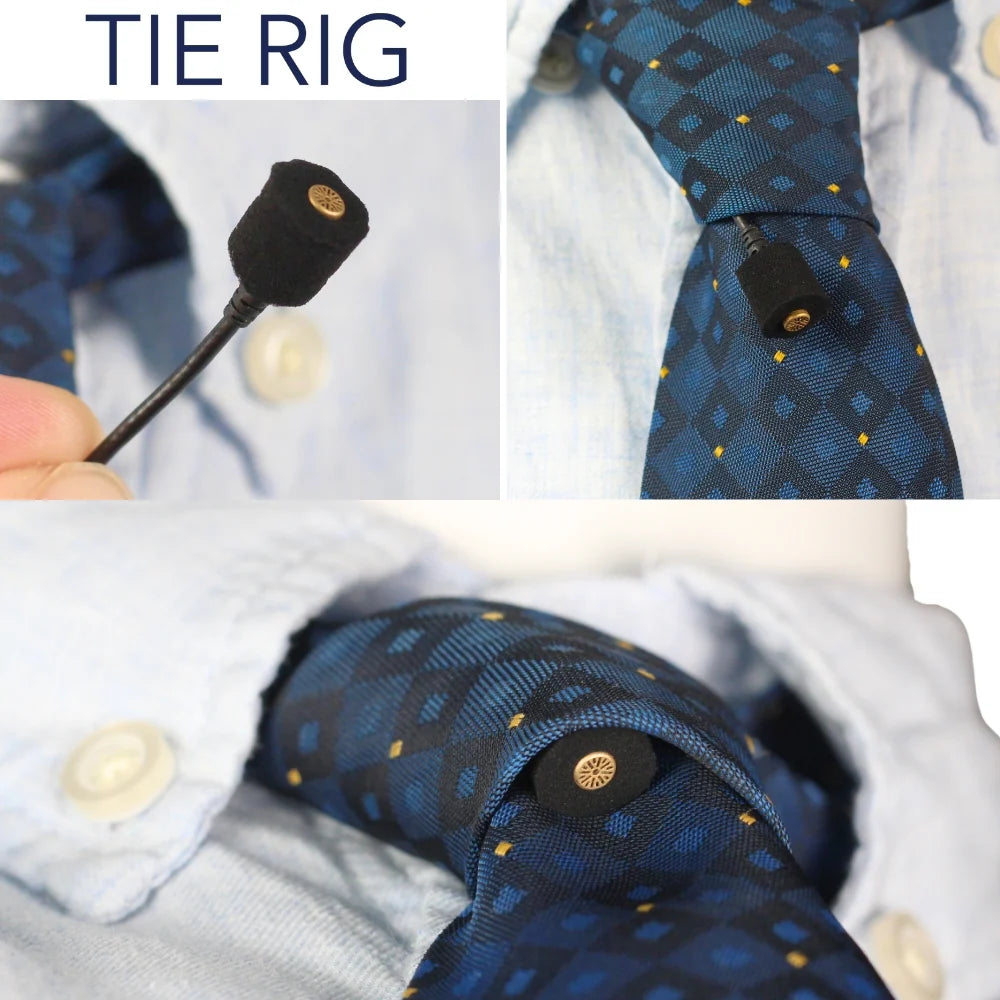 Black foam mic sleeve on a lav microphone clipped to a blue patterned shirt