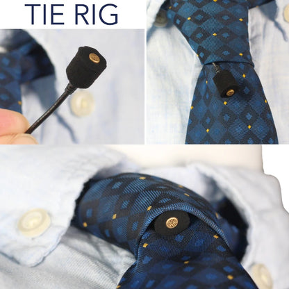 Black foam mic sleeve on a lav microphone clipped to a blue patterned shirt
