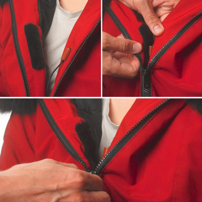 Fur sticky strip attached to a red jacket zipper area