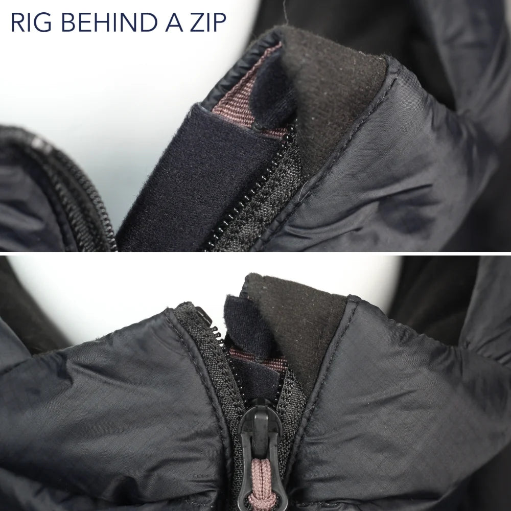 Black jacket zipper area with dark fabric tab and central zipper pull