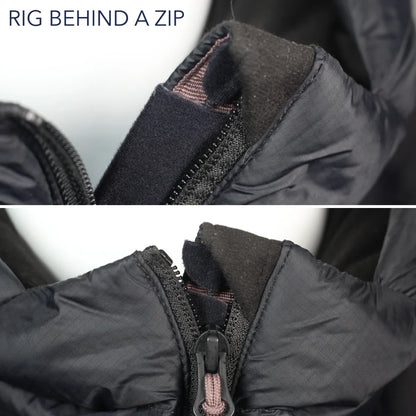 Black jacket zipper area with dark fabric tab and central zipper pull