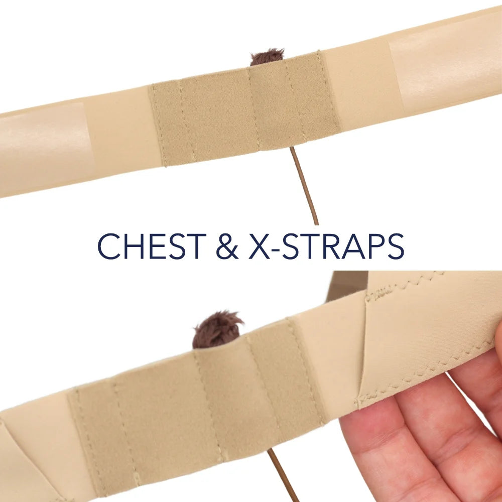 Plush fur microphone sleeve ends attached to chest and X-strap fabric