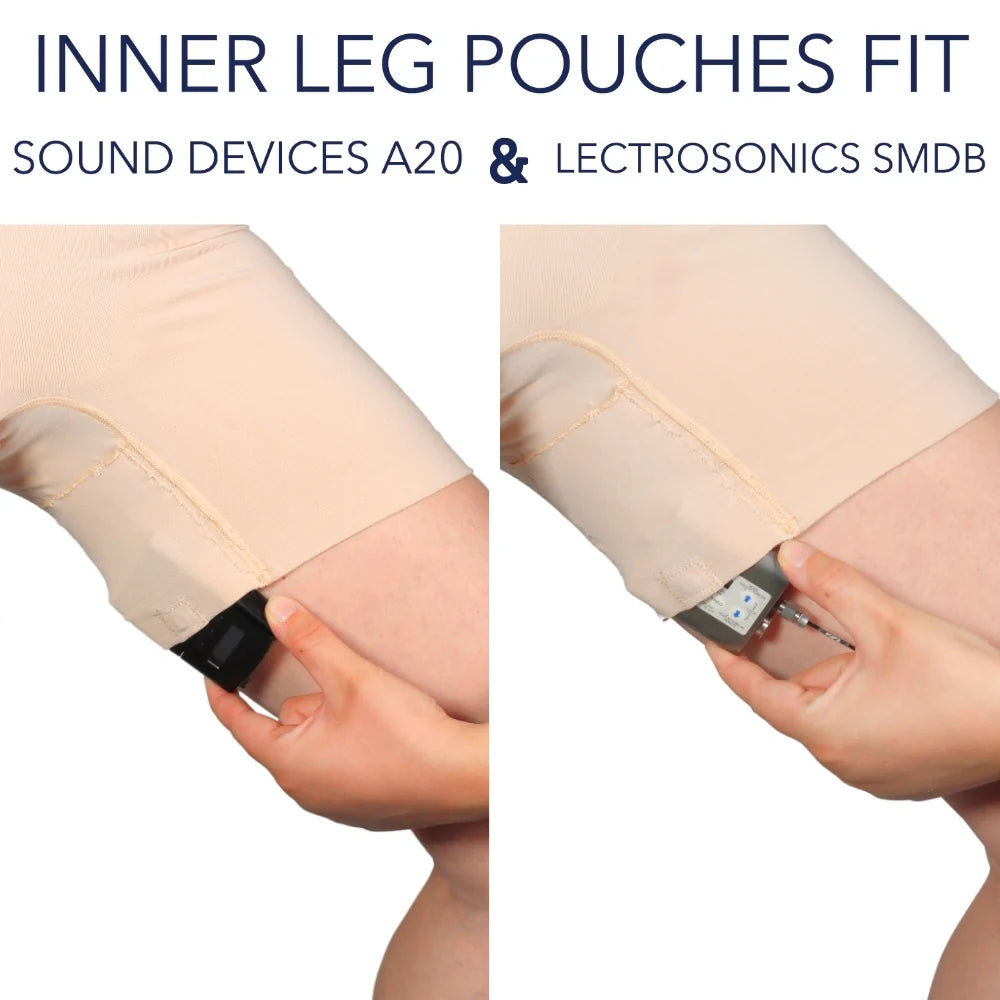 Beige shapewear shorts with inner leg pouch and clip-on device pocket