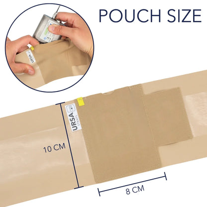 Beige pouch and thigh strap with size labels showing 10 cm length and 8 cm width