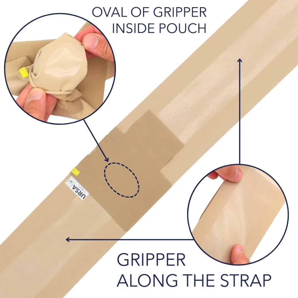 Beige thigh pouch with gripper strap interior for secure hold