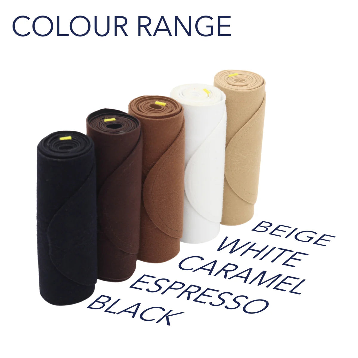 Set of URSA thigh strap rolls in black, brown, caramel, white, and beige