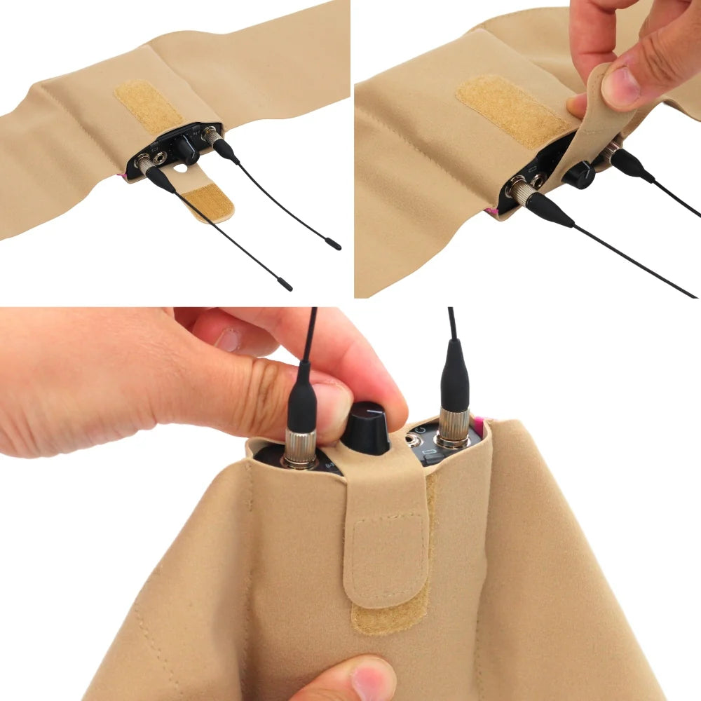 Beige single pouch with adjustable black strap and cable connectors attached.