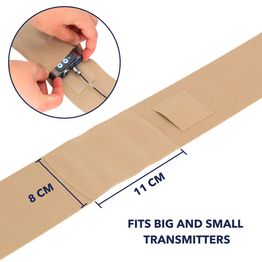 Beige waist strap with side pouch, pouch measuring view and cable attachment inset