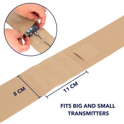 Beige waist strap with side pouch, pouch measuring view and cable attachment inset