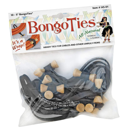 Bongo Ties cable ties, dark gray with tan round ends in clear bag