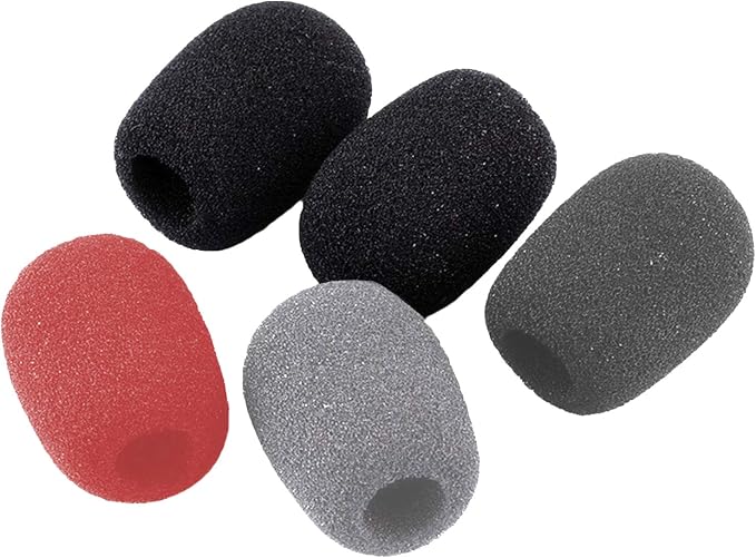 Foam microphone windscreen set (5 pack): black, red, and gray cylindrical covers
