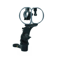 Black and gray shock mount with dual rings, spider arms, and clamp base