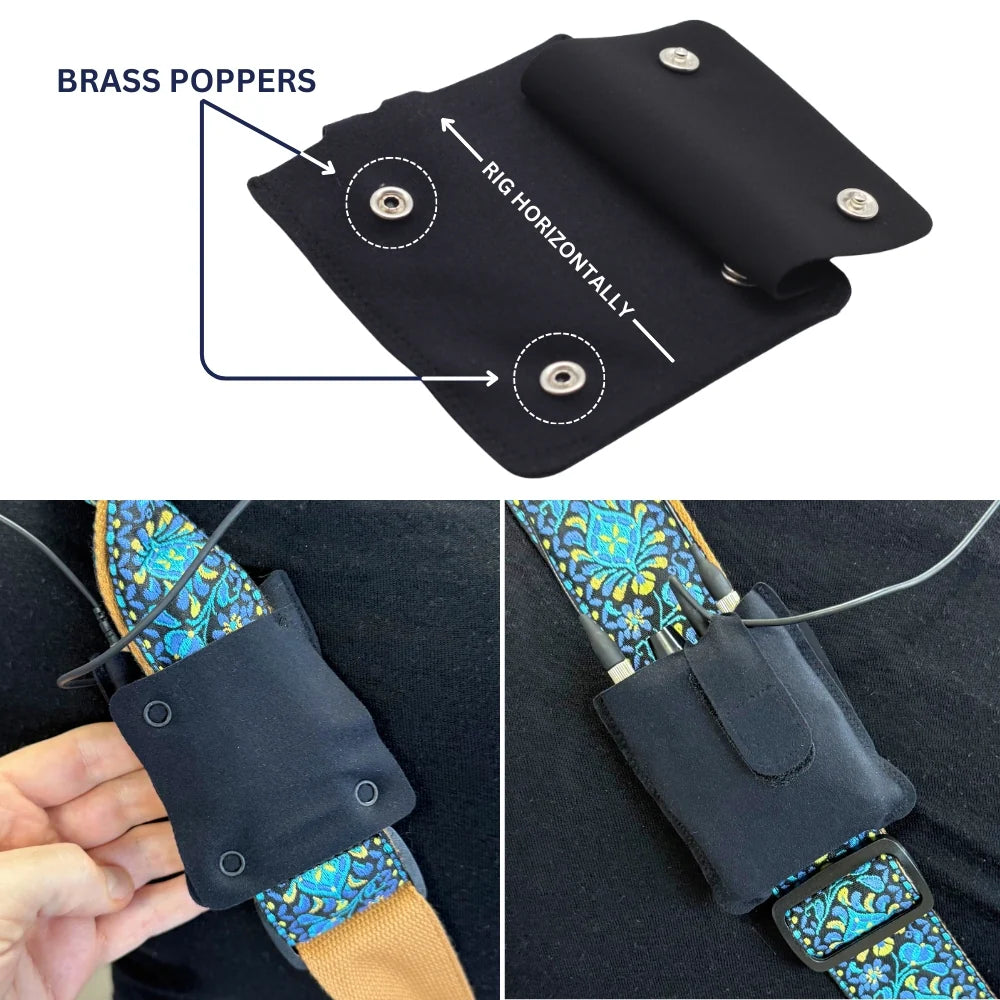 Black pouch with brass poppers and snap flap, shown opened and closed