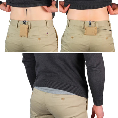 Beige belt pouch detail on waistband with front flap pocket and zipper pouch