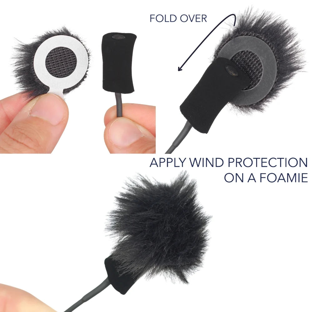 Black adhesive ring over foam base with fold-over fur wind protection