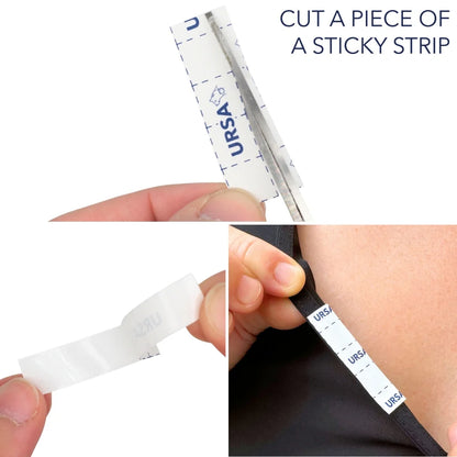 Cut sticky tape strip being pressed onto dark fabric for secure hold