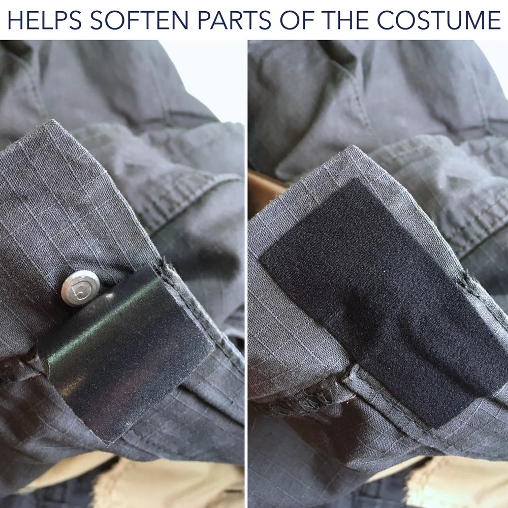 Grey fabric swatch with black URSA tape strip applied to soften costume parts