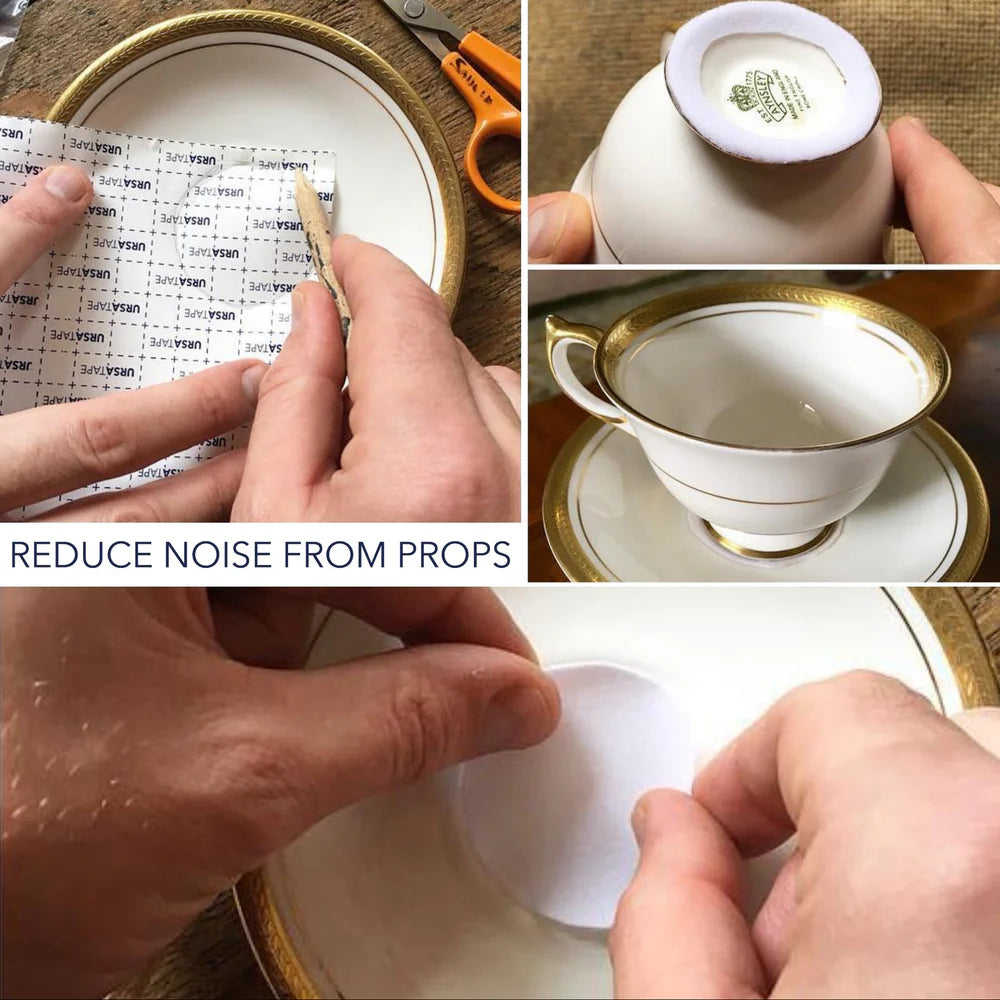 Soft moleskin tape strips applied to household props to reduce noise