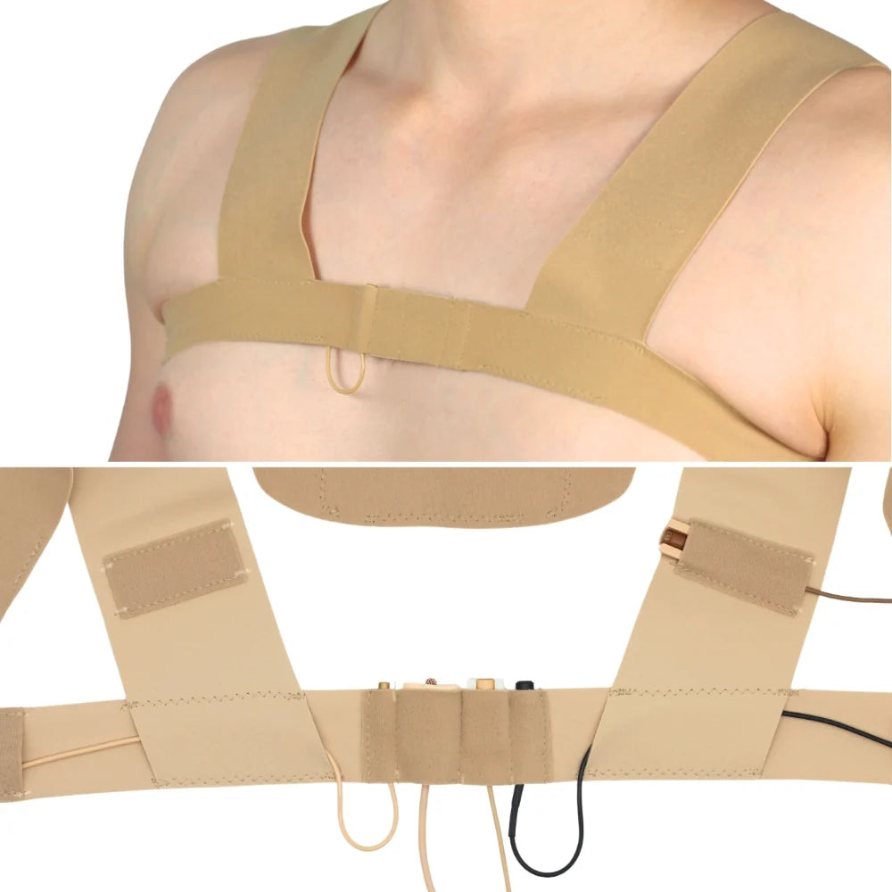 Beige X-strap harness with crossed shoulder straps and front waist belt