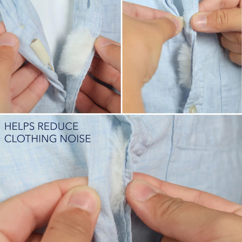 White fur strip attached to light fabric with fingers adjusting the seam