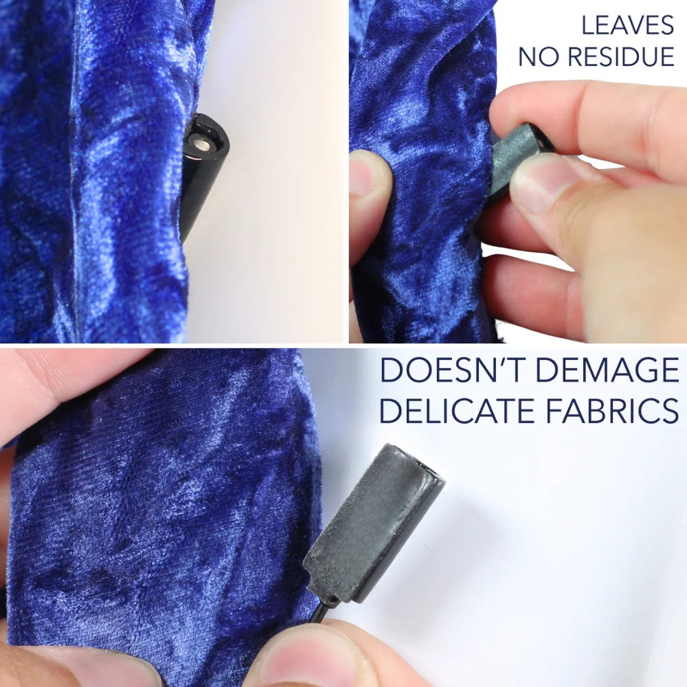 Mini mount pad on blue fabric being lifted, showing residue-free removal
