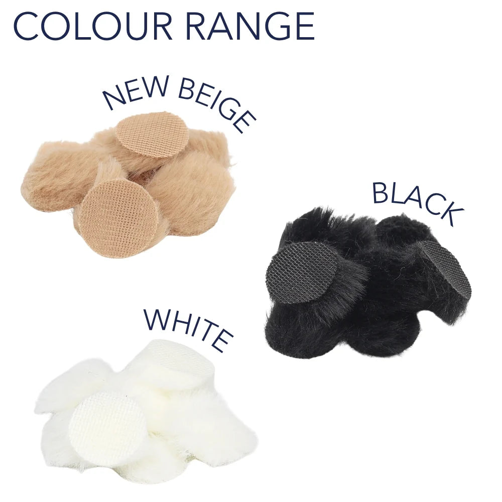Fur circle wind covers color range in beige, black, and white plush circles