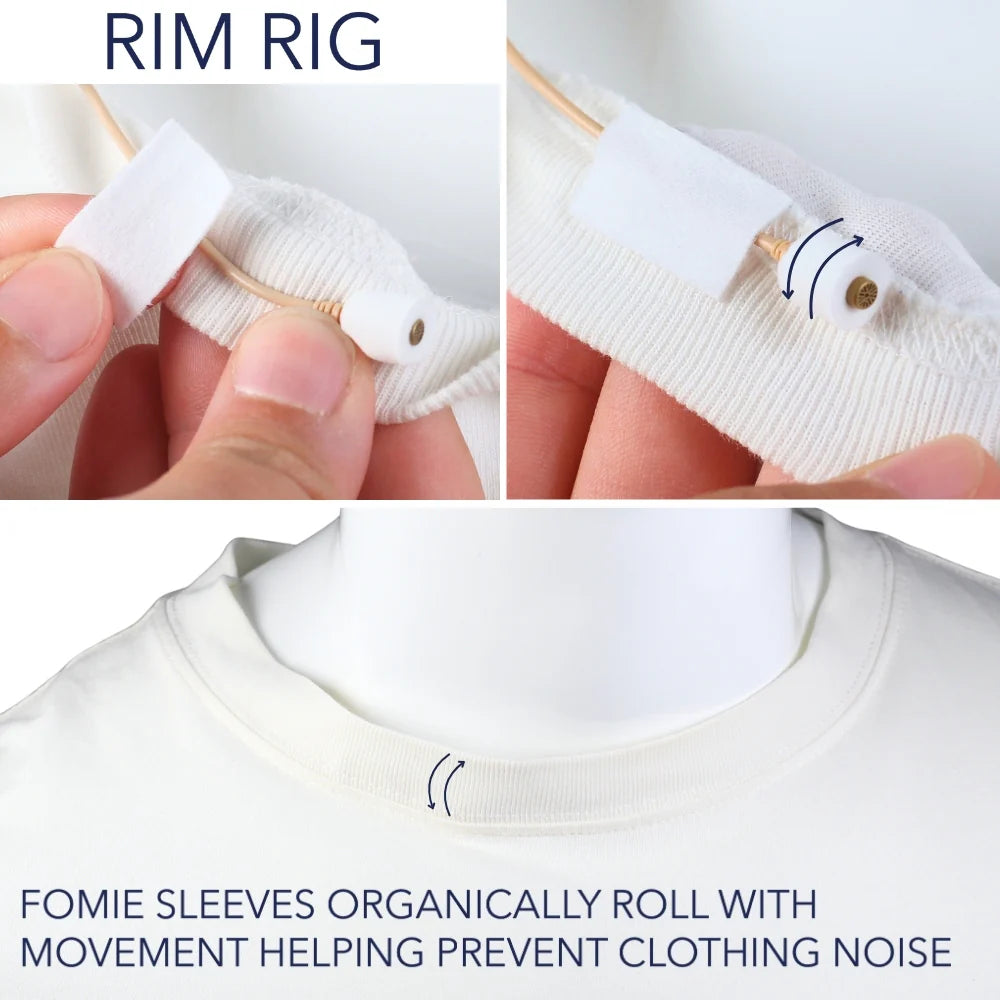 White foam mic sleeve on a lav microphone near a shirt neckline