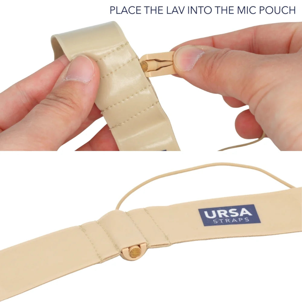 Beige MiniMount mic pouch strap with lav mic mount ready for placement