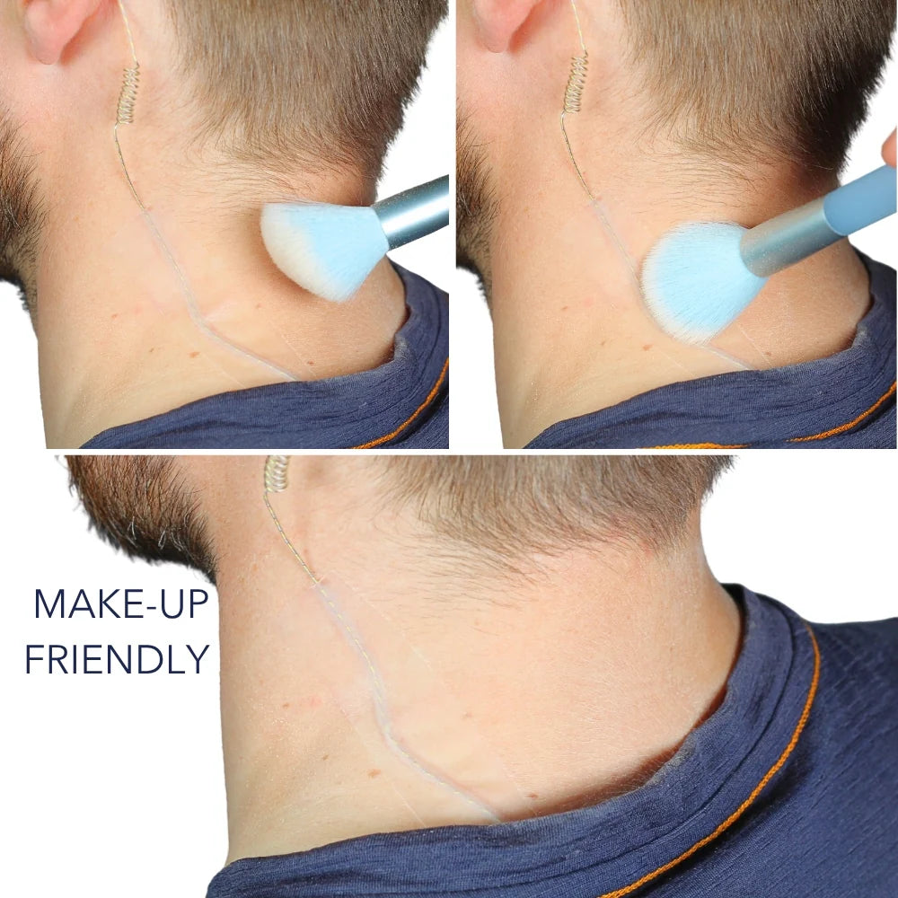 Invisi Strips clear tape lines on neck with blue makeup sponge applicator