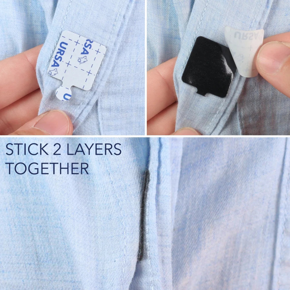 Sticky square pad on blue fabric; two layers press together