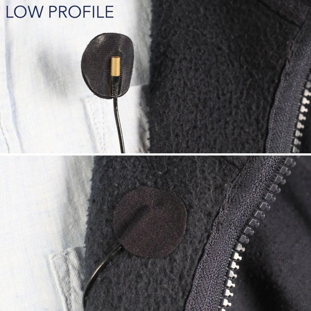 Low-profile black adhesive circles on dark fabric near a zipper