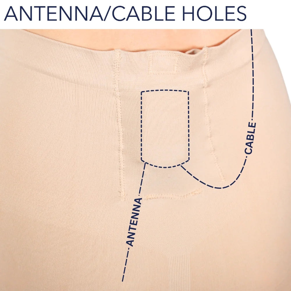 Beige shapewear shorts back panel with antenna/cable hole for routing
