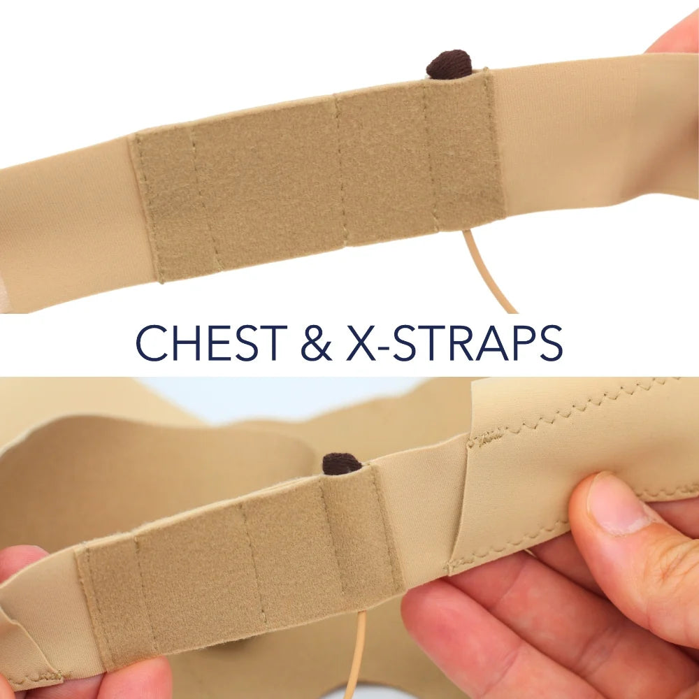 Soft sleeves beige with adjustable chest and X-strap fasteners, stitched webbing